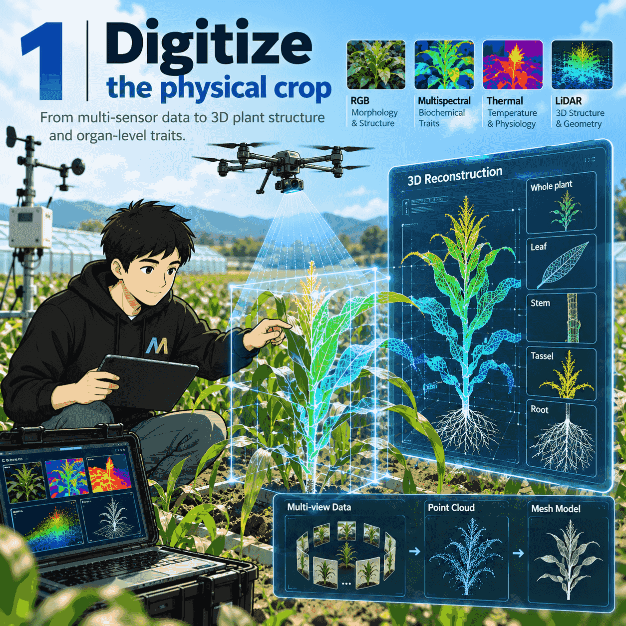 Digitize the physical crop: multi-sensor field imaging (RGB, multispectral, thermal, LiDAR) and UAV scanning turned into 3D reconstructions and organ-level traits