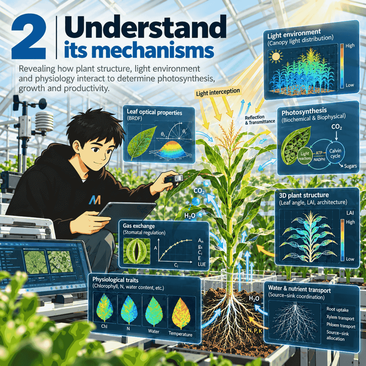 Understand its mechanisms: how leaf optics, canopy light distribution, 3D plant structure, gas exchange and physiology determine photosynthesis and growth