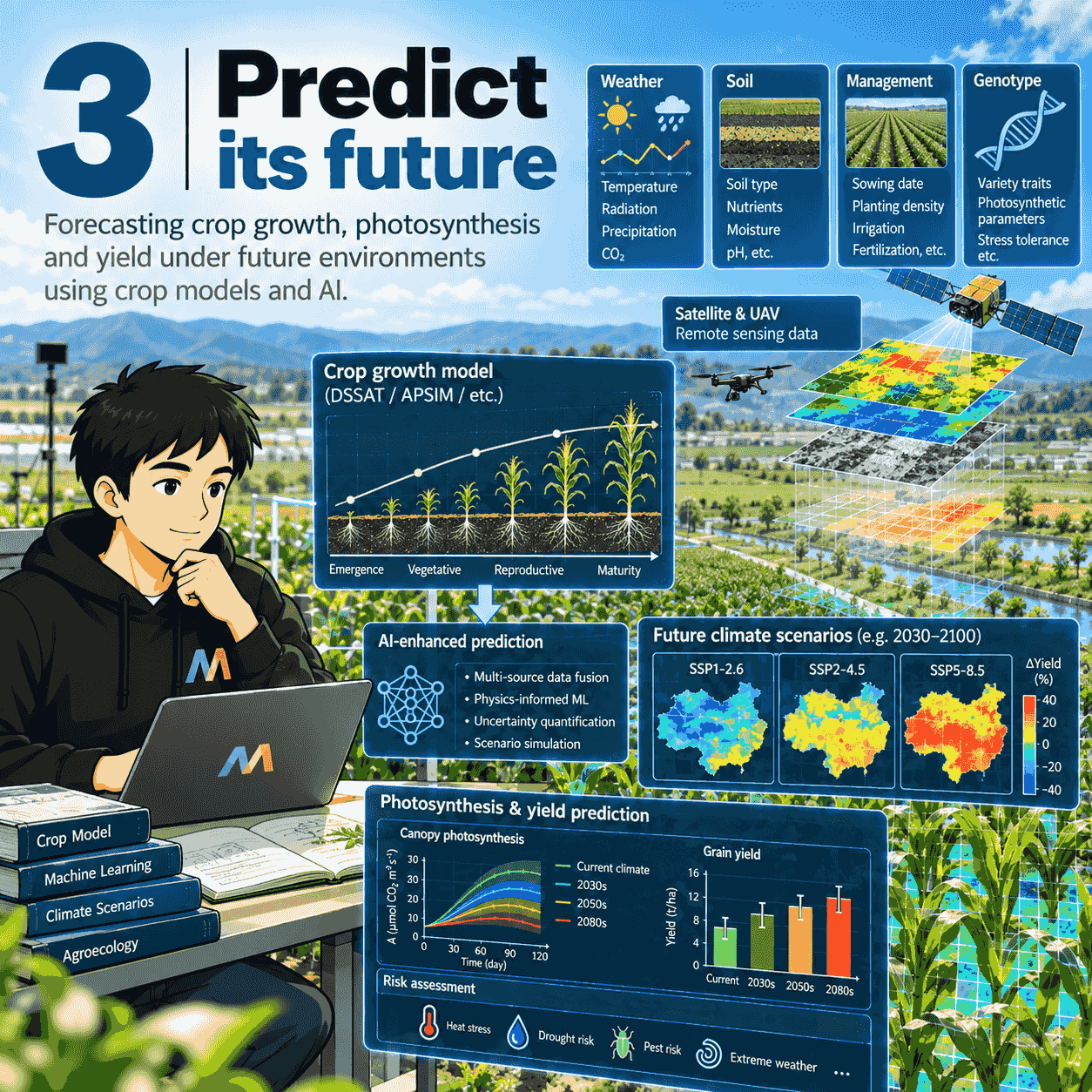 Predict its future: crop growth models and AI combining weather, soil, management, genotype and remote sensing to forecast photosynthesis and yield under future climates