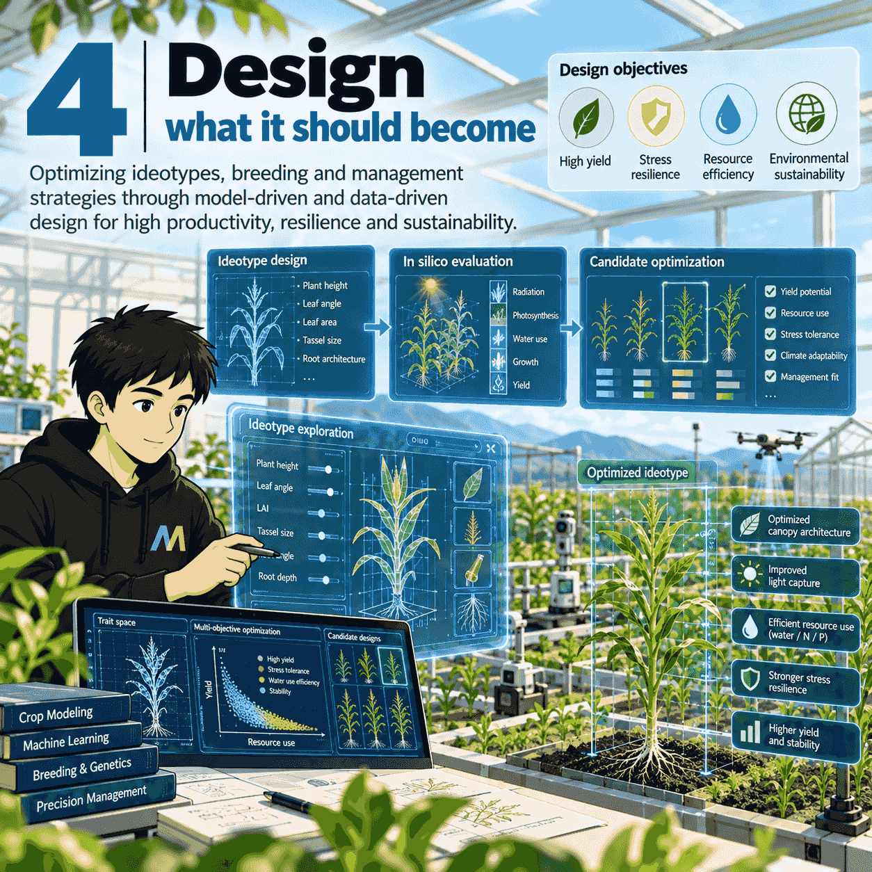 Design what it should become: ideotype design, in silico evaluation and multi-objective optimization for high yield, resilience and resource efficiency